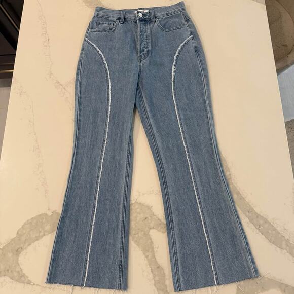 PacSun Eco Medium Blue Frayed High Waisted Bootcut Jeans Women's 26 Button Fly - Picture 1 of 10